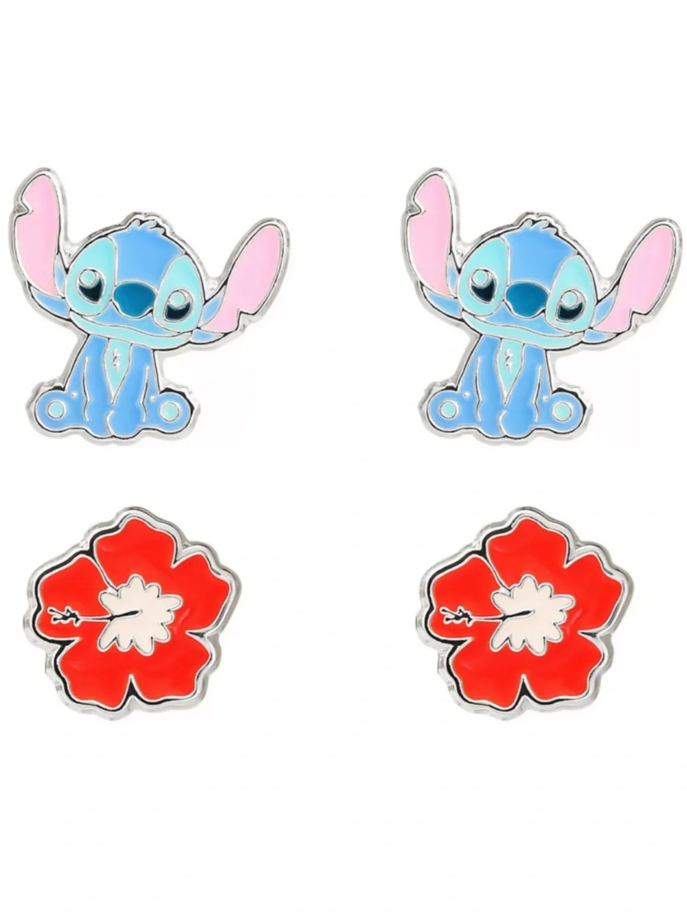 Disney Jewelry | Stitch & Red Hibiscus Enamel Stud Earring Set